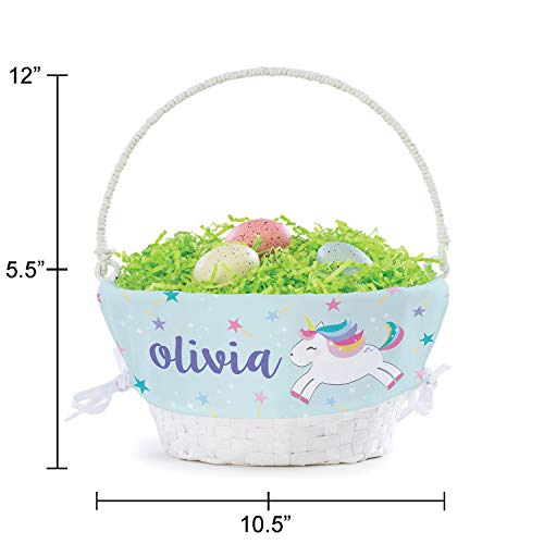 Rainbow Unicorn Personalized Easter Egg Basket with Handle and Custom Name | Blue Easter Basket Liners | White Basket | Woven Easter Baskets for Kids | Customized Easter Basket | Gift for Easter