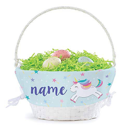 Rainbow Unicorn Personalized Easter Egg Basket with Handle and Custom Name | Blue Easter Basket Liners | White Basket | Woven Easter Baskets for Kids | Customized Easter Basket | Gift for Easter