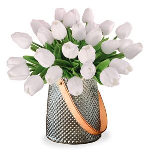 30pcs real touch tulips pu artificial flowers, fake tulips flowers for arrangement wedding party easter spring home dining room office decoration. (white, 14″ tall)