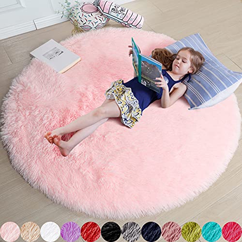 Pink Round Rug for Girls Bedroom,Fluffy Circle Rug 4'X4' for Kids Room,Furry Carpet for Teen Girls Room,Shaggy Circular Rug for Nursery Room,Fuzzy Plush Rug for Dorm,Cute Room Decor for Baby