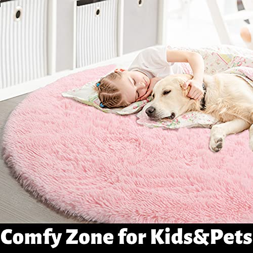 Pink Round Rug for Girls Bedroom,Fluffy Circle Rug 4'X4' for Kids Room,Furry Carpet for Teen Girls Room,Shaggy Circular Rug for Nursery Room,Fuzzy Plush Rug for Dorm,Cute Room Decor for Baby