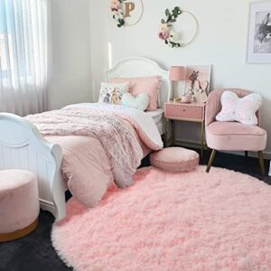 Pink Round Rug for Girls Bedroom,Fluffy Circle Rug 4'X4' for Kids Room,Furry Carpet for Teen Girls Room,Shaggy Circular Rug for Nursery Room,Fuzzy Plush Rug for Dorm,Cute Room Decor for Baby