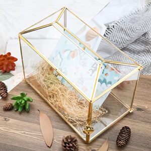highfree 10.2″ glass wedding card box with slot & lock, handmade copper gold geometric terrarium, clear display box for wedding reception, wishwell, keepsake