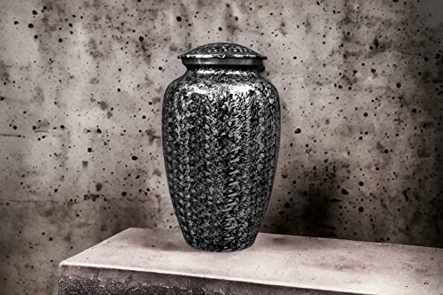 Cremation Urn for Ashes - Adult Funeral Urn Handcrafted - Affordable Urn for Ashes - Large Funeral Memorial with Elegant Finish for Cemetery Burial - Black/Silver