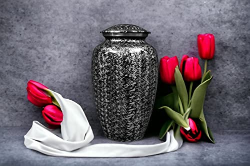 Cremation Urn for Ashes - Adult Funeral Urn Handcrafted - Affordable Urn for Ashes - Large Funeral Memorial with Elegant Finish for Cemetery Burial - Black/Silver