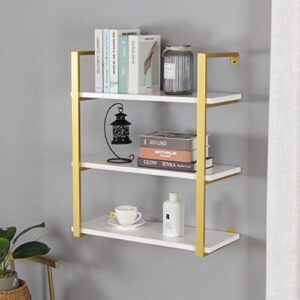 SSS Furniture 3-Tier Modern Rustic Floating Wall Shelves, 24 Inch Industrial Shelving Iron Wall Shelves,White and Gold Farmhouse Wall Bookshelf Mounted for Bedrooms Office