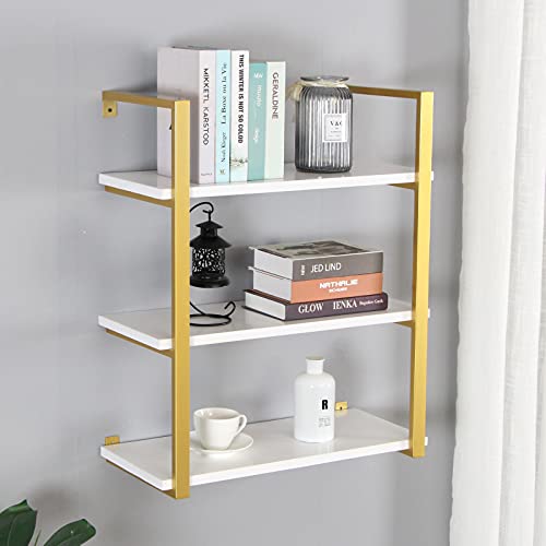 SSS Furniture 3-Tier Modern Rustic Floating Wall Shelves, 24 Inch Industrial Shelving Iron Wall Shelves,White and Gold Farmhouse Wall Bookshelf Mounted for Bedrooms Office