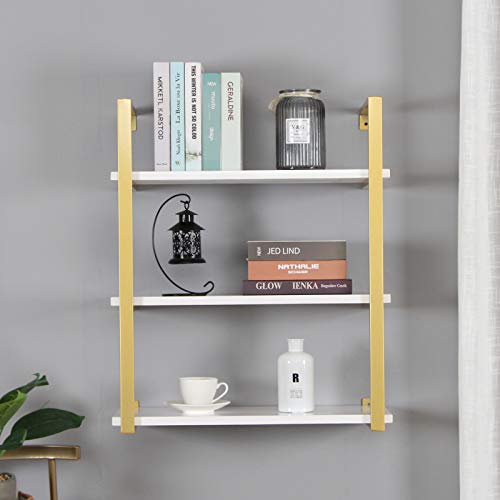 SSS Furniture 3-Tier Modern Rustic Floating Wall Shelves, 24 Inch Industrial Shelving Iron Wall Shelves,White and Gold Farmhouse Wall Bookshelf Mounted for Bedrooms Office