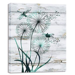 visual art decor abstract teal dragonfly with dandelions rustic wood texture background canvas wall art prints gallery wrapped picture ready to hang for home office bedroom living room wall decoration