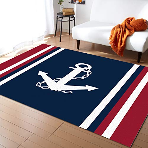 Area Rugs Non Slip Indoor Floor Carpet, Nautical Anchor Red White Stripes Navy Blue Rectangle Accent Rug for Bedroom Bedside Living Room Kids Room Nursery, 2'x3'