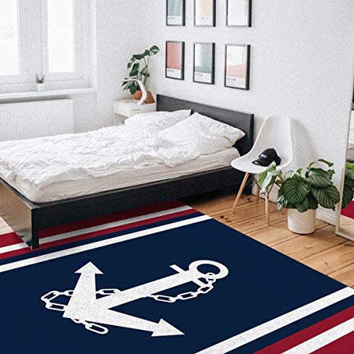 Area Rugs Non Slip Indoor Floor Carpet, Nautical Anchor Red White Stripes Navy Blue Rectangle Accent Rug for Bedroom Bedside Living Room Kids Room Nursery, 2'x3'