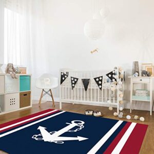 Area Rugs Non Slip Indoor Floor Carpet, Nautical Anchor Red White Stripes Navy Blue Rectangle Accent Rug for Bedroom Bedside Living Room Kids Room Nursery, 2'x3'