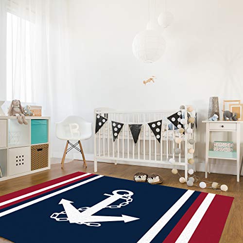 Area Rugs Non Slip Indoor Floor Carpet, Nautical Anchor Red White Stripes Navy Blue Rectangle Accent Rug for Bedroom Bedside Living Room Kids Room Nursery, 2'x3'