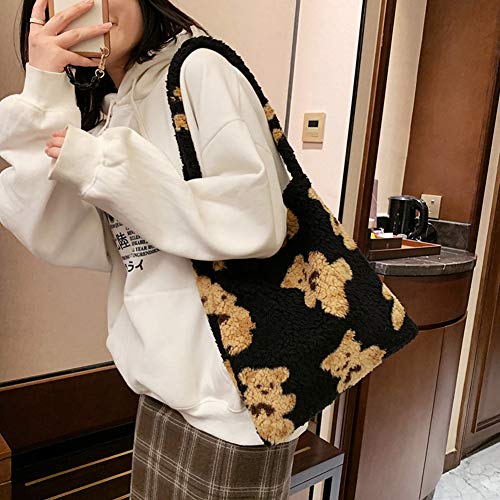 Plush Bear Bags For Women, Girls Tote Fluffy Plush Shoulder Bags Faux Fur Clutch Purses (Black)