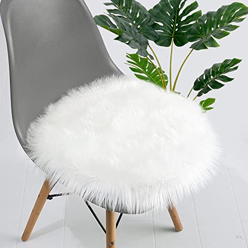 TENNOLA 15.7 Inches Mini White Round Faux Fur Sheepskin Area Rug, Fluffy Small Circle Rugs Cushion for Chair, Furry Carpet for Nail Desk, Shaggy Circular Rug Plush Rug