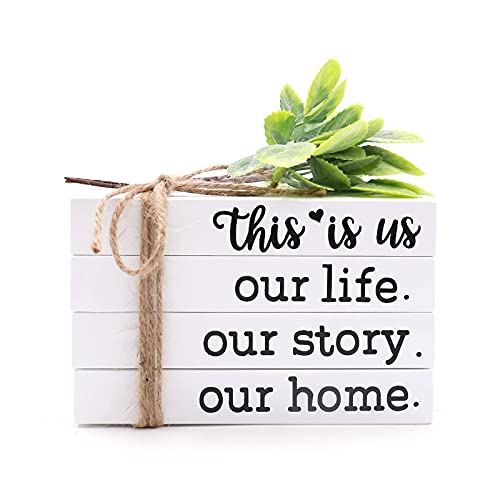 This Is Us Decorative White Books Set Our Life Our Story Our Home Book Stack with Twine Greenery Farmhouse Wooden Books This Is Us Tiered Tray Decor Rustic Home Decorations Coffee Table Books