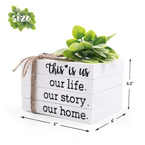 This Is Us Decorative White Books Set Our Life Our Story Our Home Book Stack with Twine Greenery Farmhouse Wooden Books This Is Us Tiered Tray Decor Rustic Home Decorations Coffee Table Books