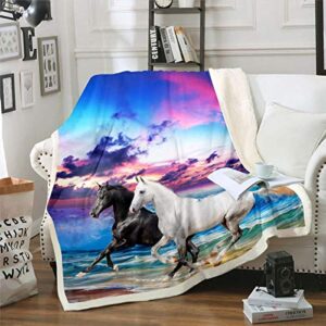Feelyou Horse Sherpa Throw Blanket Ocean Galloping Horses Design Plush Blanket Black White Wild Animal Fleece Blanket for Bed Sofa Couch Chic Sea Sunset Design Fuzzy Blanket Soft Decor Queen 90"x90"