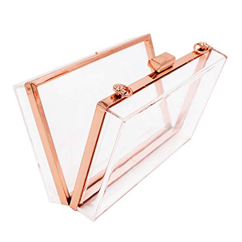 Premium Transparent Clear Acrylic Hard Box Clutch Bag Evening Shoulder Handbag, Rose Gold One Size