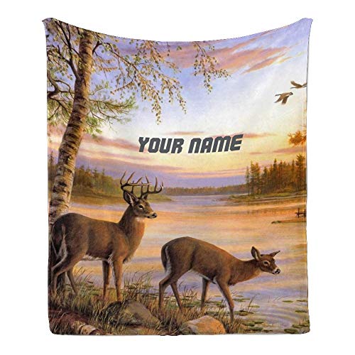 CUXWEOT Custom Blanket with Name Text,Personalized Forest Deer Super Soft Fleece Throw Blanket for Couch Sofa Bed (50 X 60 inches)