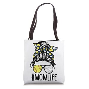 dy mom life softball volleyball mothers day messy bun tote bag