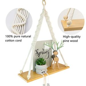 MYARTREE Floating Shelf, Macrame Wall Hanging Shelf,Rope Swing Storage Decor for Living Room, Bedroom, Bathroom or Office(16.5x5.9x0.51inch, Natural Color)