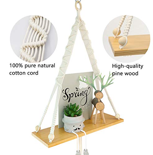 MYARTREE Floating Shelf, Macrame Wall Hanging Shelf,Rope Swing Storage Decor for Living Room, Bedroom, Bathroom or Office(16.5x5.9x0.51inch, Natural Color)