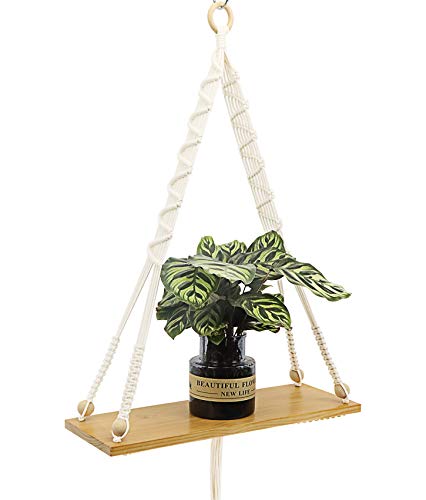 MYARTREE Floating Shelf, Macrame Wall Hanging Shelf,Rope Swing Storage Decor for Living Room, Bedroom, Bathroom or Office(16.5x5.9x0.51inch, Natural Color)