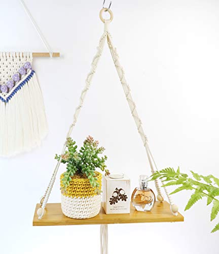 MYARTREE Floating Shelf, Macrame Wall Hanging Shelf,Rope Swing Storage Decor for Living Room, Bedroom, Bathroom or Office(16.5x5.9x0.51inch, Natural Color)