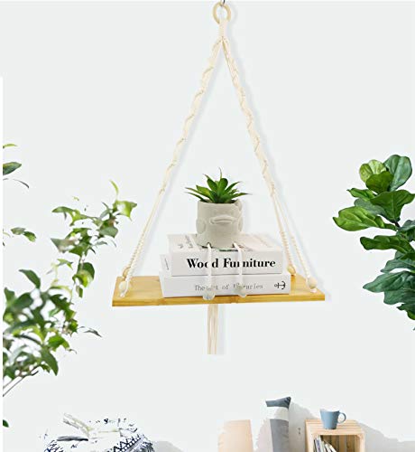 MYARTREE Floating Shelf, Macrame Wall Hanging Shelf,Rope Swing Storage Decor for Living Room, Bedroom, Bathroom or Office(16.5x5.9x0.51inch, Natural Color)