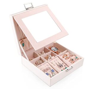 tikea jewelry box organizer for women girls, portable travel jewelry case with mirror, pu leather jewelry holder for necklaces earrings rings watch christmas birthday gift white