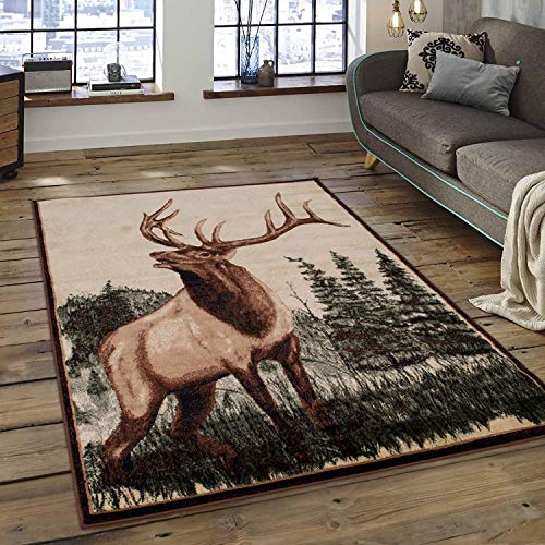 Wildlife Nature Rustic Lodge Cabin Decor Elk Deer Pine Trees Area Rug (7’ 8” X 10’ 8”)