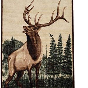 Wildlife Nature Rustic Lodge Cabin Decor Elk Deer Pine Trees Area Rug (7’ 8” X 10’ 8”)