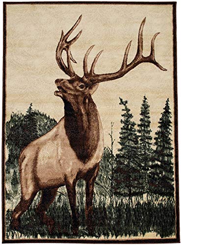 Wildlife Nature Rustic Lodge Cabin Decor Elk Deer Pine Trees Area Rug (7’ 8” X 10’ 8”)