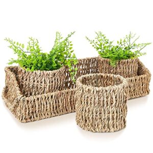 set of 3 wicker round storage baskets for shelves with rectangular seagrass tray (brown)