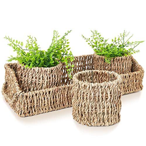 Set of 3 Wicker Round Storage Baskets for Shelves with Rectangular Seagrass Tray (Brown)