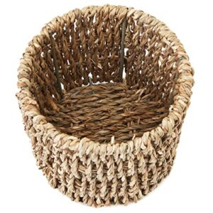 Set of 3 Wicker Round Storage Baskets for Shelves with Rectangular Seagrass Tray (Brown)