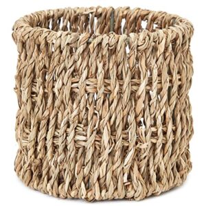 Set of 3 Wicker Round Storage Baskets for Shelves with Rectangular Seagrass Tray (Brown)