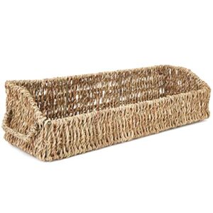 Set of 3 Wicker Round Storage Baskets for Shelves with Rectangular Seagrass Tray (Brown)