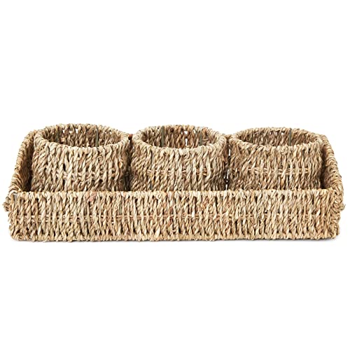 Set of 3 Wicker Round Storage Baskets for Shelves with Rectangular Seagrass Tray (Brown)