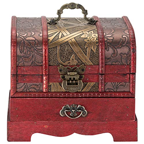 Primo Supply Traditional Wooden Jewelry Box - Oriental Style Wooden Box for Jewelry & Accessories - Small Vintage Treasure Chest w/ Drawer - Rustic Decor Containers for Organizing - Antique Storage Box