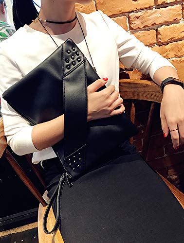 NIGEDU Fashion Women Clutches Rivet PU Leather Crossbody Bag Envelope Clutch Purse with Hand Strap (Black)