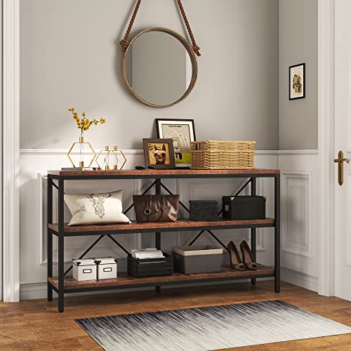 Jevindo 3-Tier Console Table for Entryway, 55in Sofa Table w/Open Shelf and Adjustable Feet, Industrial Long Narrow Hallway Table with X-Bars for Hallyway, Living Room, Bedroom, Easy to Install