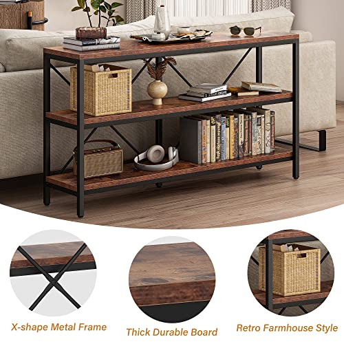 Jevindo 3-Tier Console Table for Entryway, 55in Sofa Table w/Open Shelf and Adjustable Feet, Industrial Long Narrow Hallway Table with X-Bars for Hallyway, Living Room, Bedroom, Easy to Install