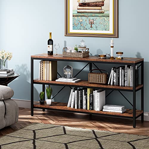 Jevindo 3-Tier Console Table for Entryway, 55in Sofa Table w/Open Shelf and Adjustable Feet, Industrial Long Narrow Hallway Table with X-Bars for Hallyway, Living Room, Bedroom, Easy to Install