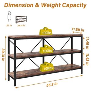 Jevindo 3-Tier Console Table for Entryway, 55in Sofa Table w/Open Shelf and Adjustable Feet, Industrial Long Narrow Hallway Table with X-Bars for Hallyway, Living Room, Bedroom, Easy to Install