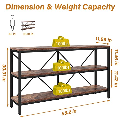 Jevindo 3-Tier Console Table for Entryway, 55in Sofa Table w/Open Shelf and Adjustable Feet, Industrial Long Narrow Hallway Table with X-Bars for Hallyway, Living Room, Bedroom, Easy to Install