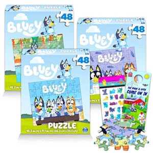 Bluey Premier 48 Pc Puzzle Set for Kids - Bluey Party Supplies Bundle with 3 Bluey Puzzles, Crenstone Puppy Stickers, and More (Bluey Games and Activities for Kids)