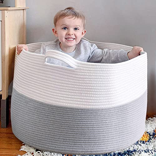 Goodpick Large Basket 23.6"D x 14.2"H Jumbo Woven Basket Cotton Rope Basket Baby Laundry Basket Hamper with Handles for Cushions Blanket and Pillow Stroage in Living Room Toy Bins