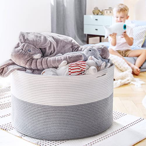 Goodpick Large Basket 23.6"D x 14.2"H Jumbo Woven Basket Cotton Rope Basket Baby Laundry Basket Hamper with Handles for Cushions Blanket and Pillow Stroage in Living Room Toy Bins